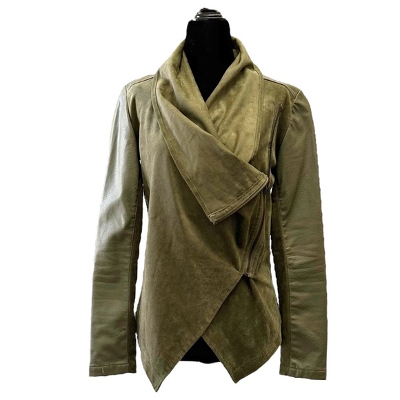 Dex Olive Green Open Front Draped Waterfall Moto Jacket Faux Leather/Suede XS - Picture 1 of 16
